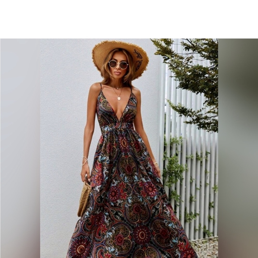 New Flowy Boho Scarf Print Maxi Dress Plunge V Neck Halter Long Red Blue Black